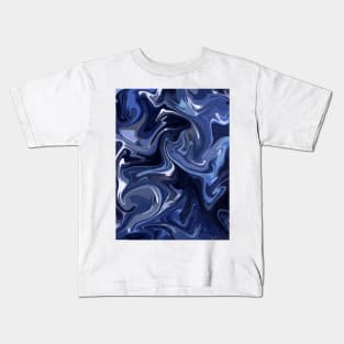 Delft Blue Silk Marble - Blue and White Liquid Paint Pattern Kids T-Shirt